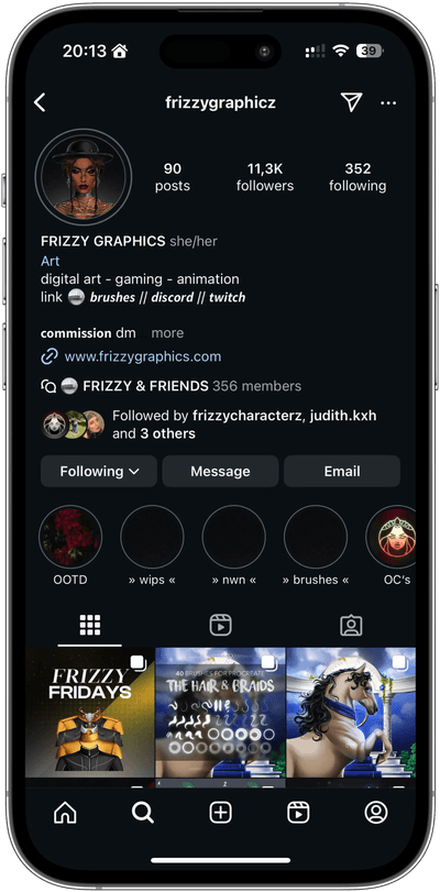 Custom Frizzy Characters avatar displayed on Instagram profile page